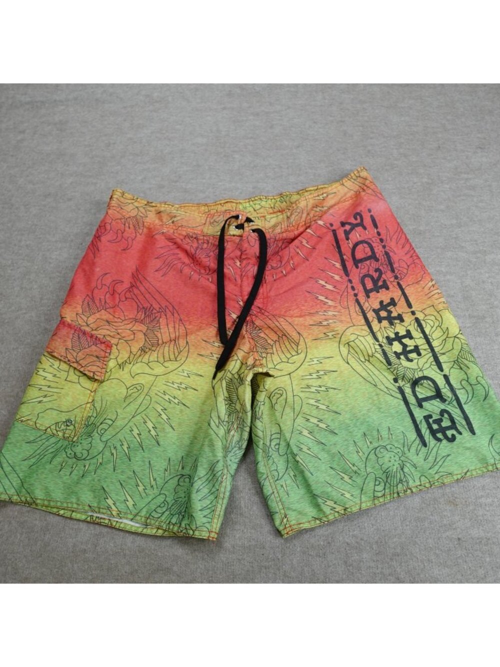 Ed Hardy Shorts XL Green Red Board Shorts Drawstring 10" in Vintage Y2K